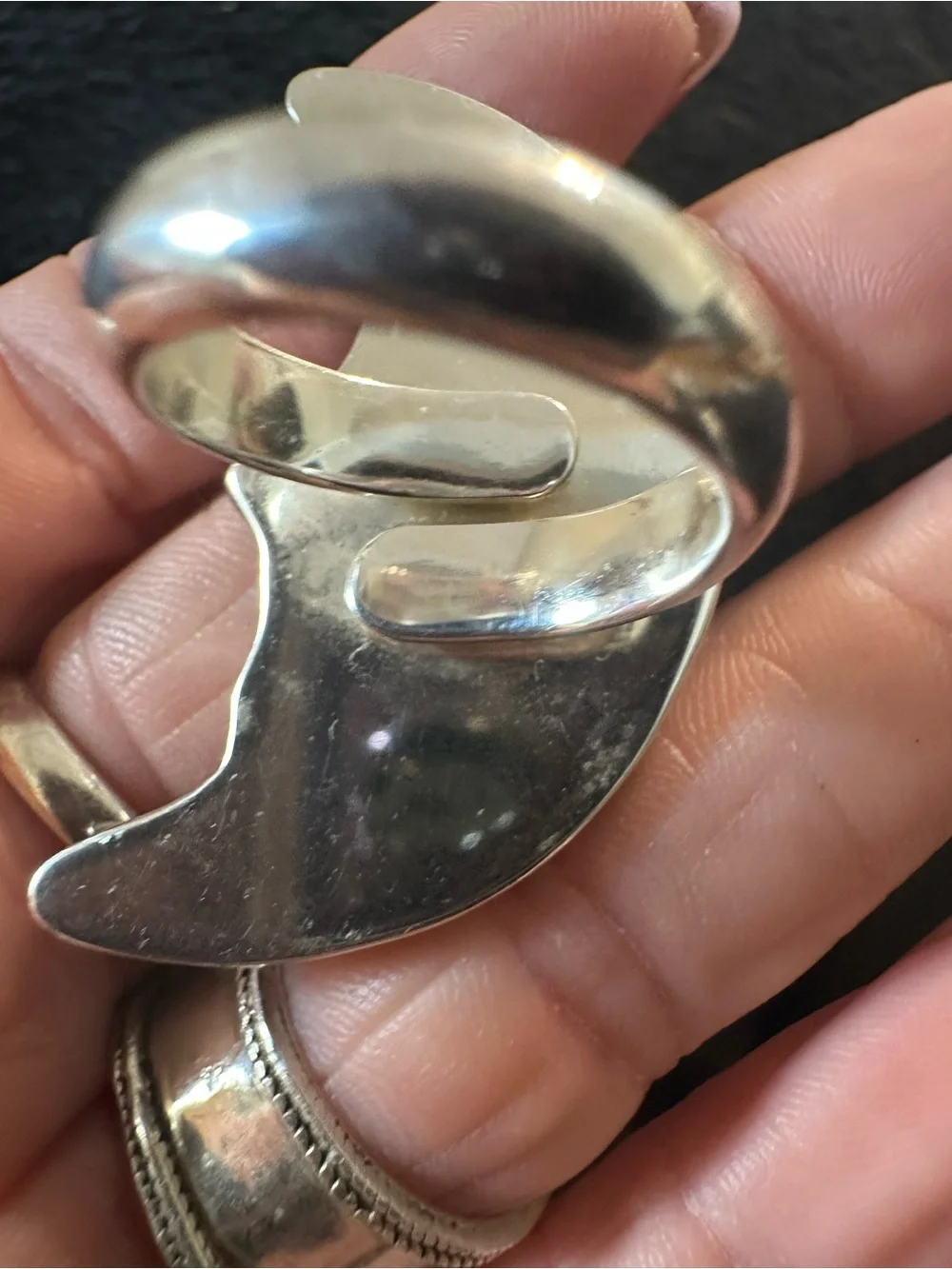 Charles Albert Sterling Silver Carved Lapis Crescent Moon Face Adjustable Ring